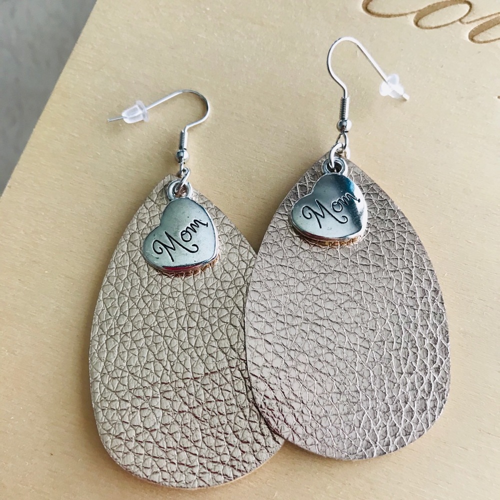 Leather “mom” earring with silver charm